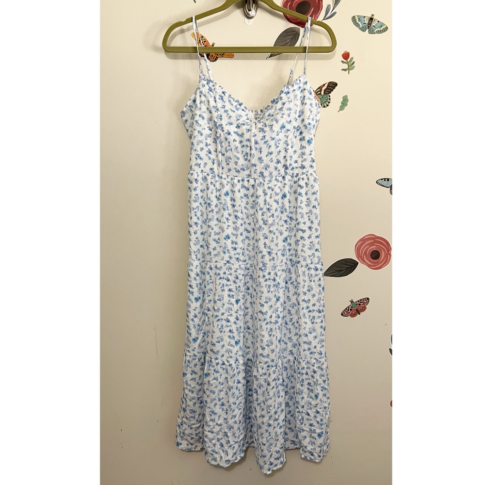 Marshalls Corseted Blue and White Floral Midi Dress M NWT